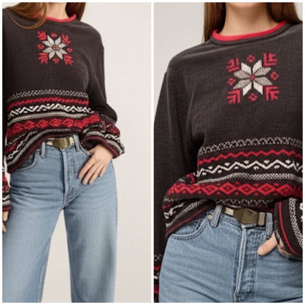 NWOT Classic Cozy Winter Holiday Christmas Snowflake Fair Isle Red Black Sweater